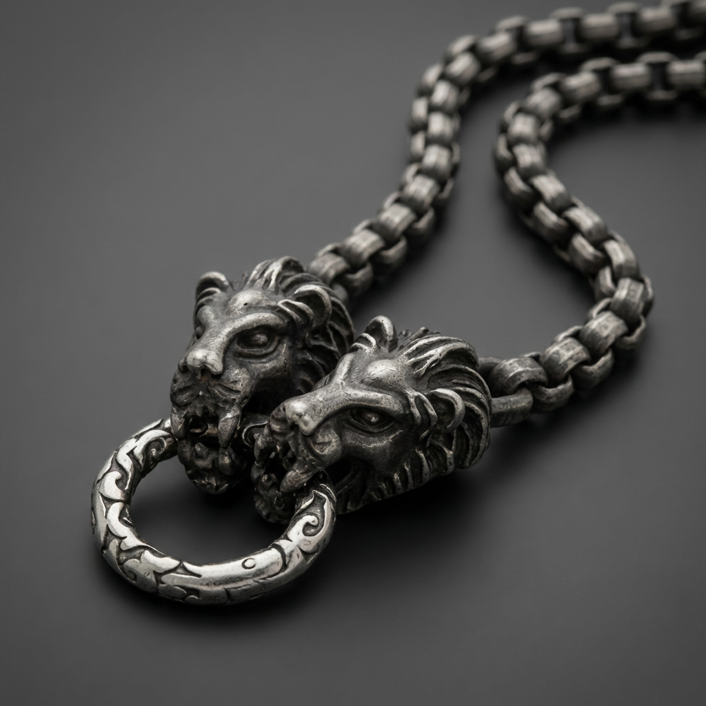 Fierce Guard Necklace in 316L stainless steel, featuring two aggressively sculpted lion heads on a substantial oxidized box chain.