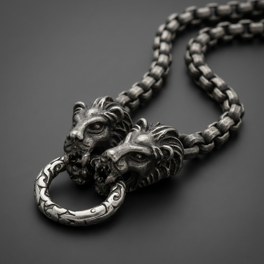 Fierce Guard Necklace in 316L stainless steel, featuring two aggressively sculpted lion heads on a substantial oxidized box chain.