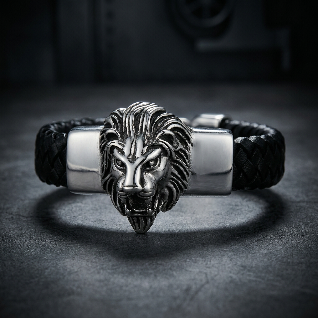Nobel Lion Bracelet made from 316L surgical-grade stainless steel featuring a detailed silver lion motif