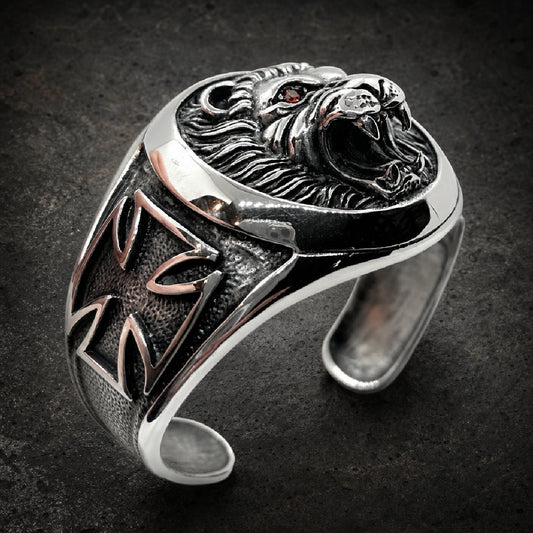 Lionheart Roar — Roaring Lion Bangle with Zircon Eyes · 83 grams - bracelet 316L stainless steel unisex jewelry, roaring l…