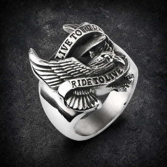 Live to Ride, Ride to Live Stainless Steel Ring With Eagle (LIVEFREE)