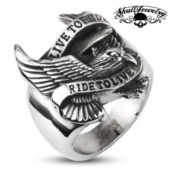 Live to Ride, Ride to Live Stainless Steel Ring With Eagle