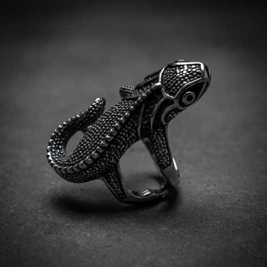 Savage Lizard Wrap Ring in 316L stainless steel, showing detailed reptilian scales and fierce design wrapped around the finger.
