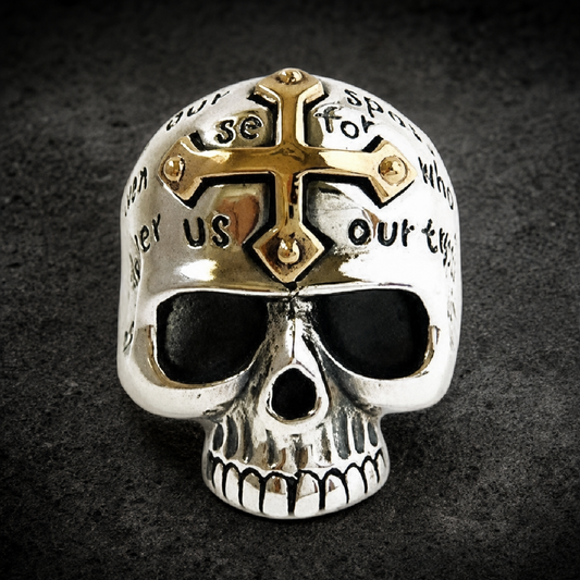 Lords Prayer Skull Ring w/ Gold Cross ✝️✨ - 316L stainless steel unisex jewelry (R0530)