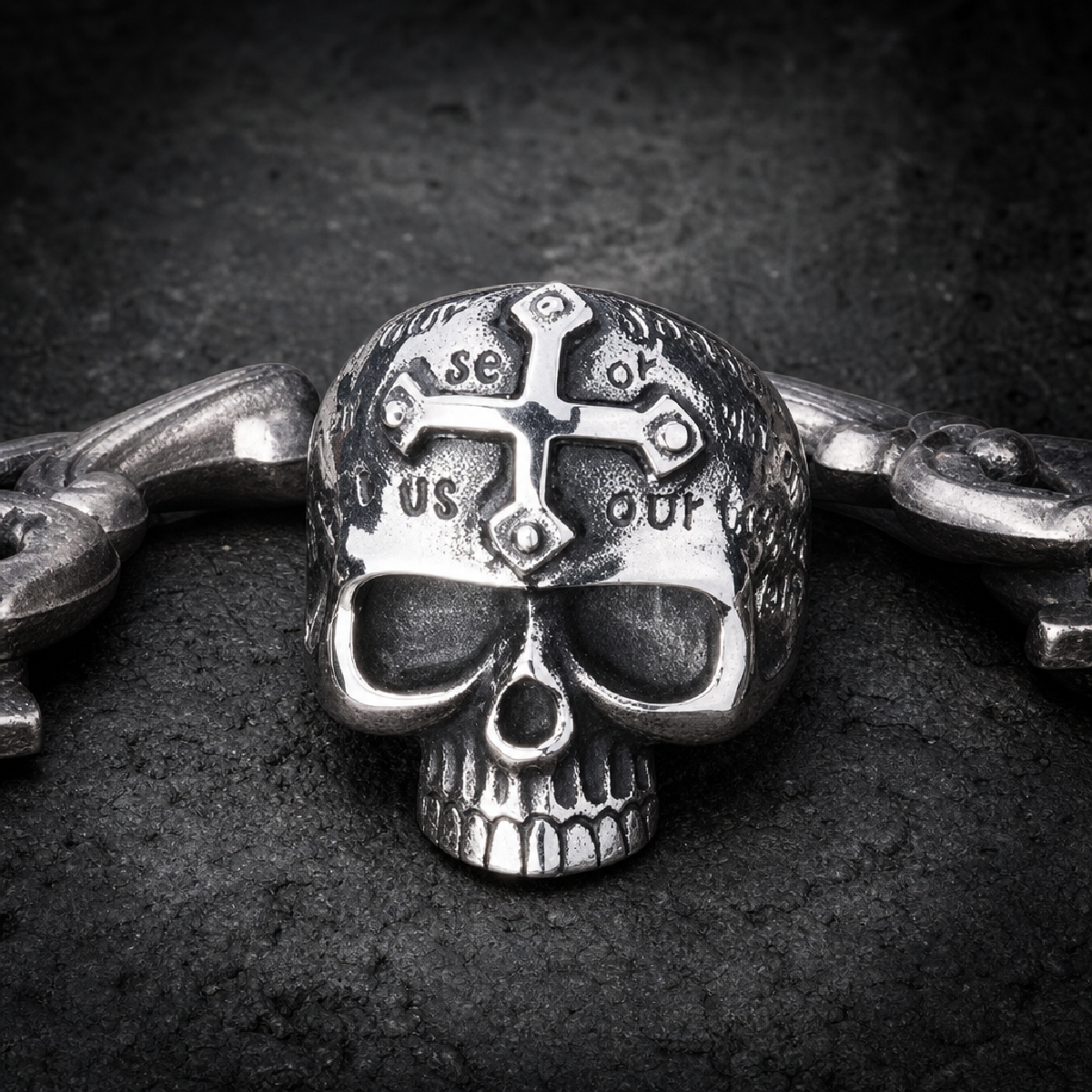 Lords Prayer Skull Ring with Cross on Forehead - 316L stainless steel unisex jewelry (R0531)