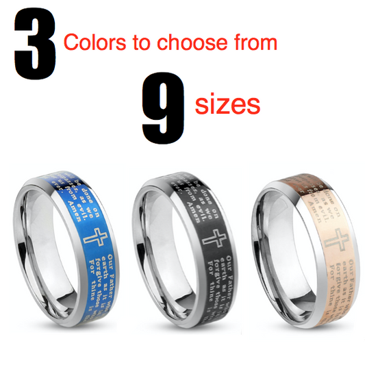 Lord's Prayer Beveled Band Stainless Steel Ring