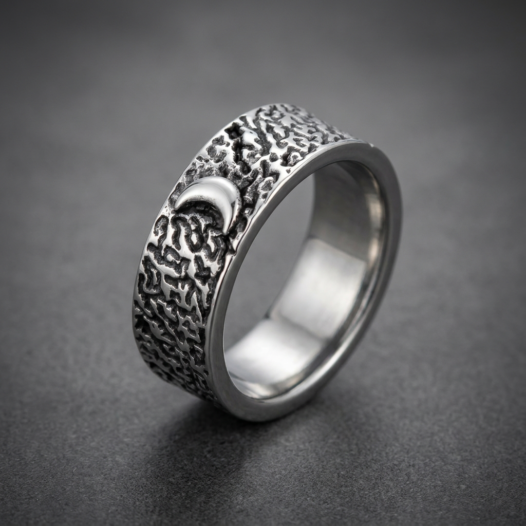 Lunar Crater Ring made of 316L stainless steel with deeply textured, dark cratered surface and a crescent moon symbol.