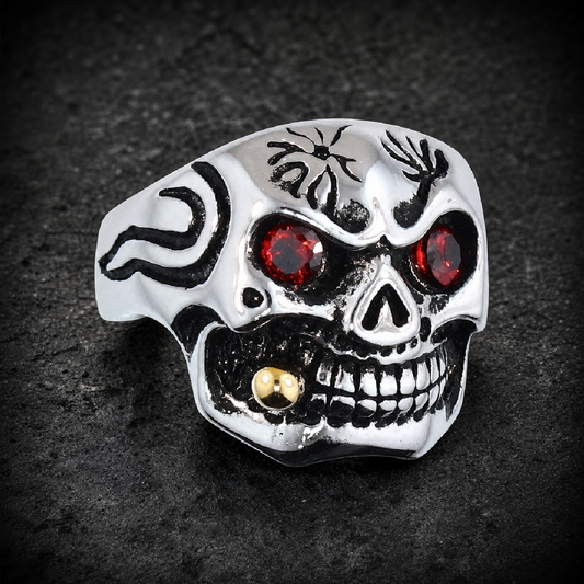 Lunatic Fringe - Skull Ring With A Gold Cigar In Mouth & Red Cubic Zirconia Eyes - 316L stainless steel unisex jewelry (R0…