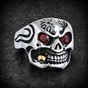 Lunatic Fringe - Skull Ring With A Gold Cigar In Mouth & Red Cubic Zirconia Eyes (#R0761)
