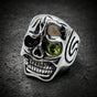 Malicious Gaze — 316L Stainless Steel Skull Ring with Green Gemstone Eye (#R0023)