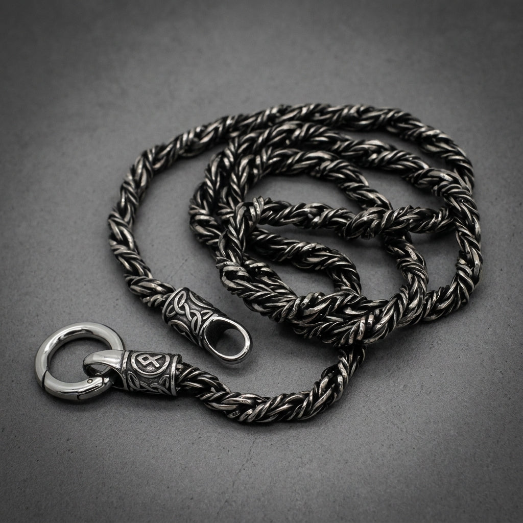 Marbled Braid Chain 24 inch necklace crafted from heavy-duty 316L surgical stainless steel with intricate twisted links and etched end caps, showcasing its bright metallic finish and robust clasp.