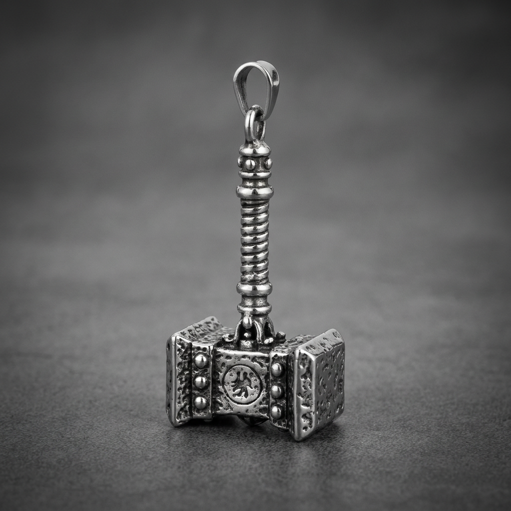 Heavy 316L stainless steel Mjolnir hammer pendant with ridged handle and textured head featuring a Nordic symbol, vintage silver finish.