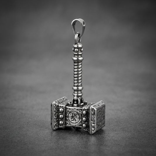 Heavy 316L stainless steel Mjolnir hammer pendant with ridged handle and textured head featuring a Nordic symbol, vintage silver finish.