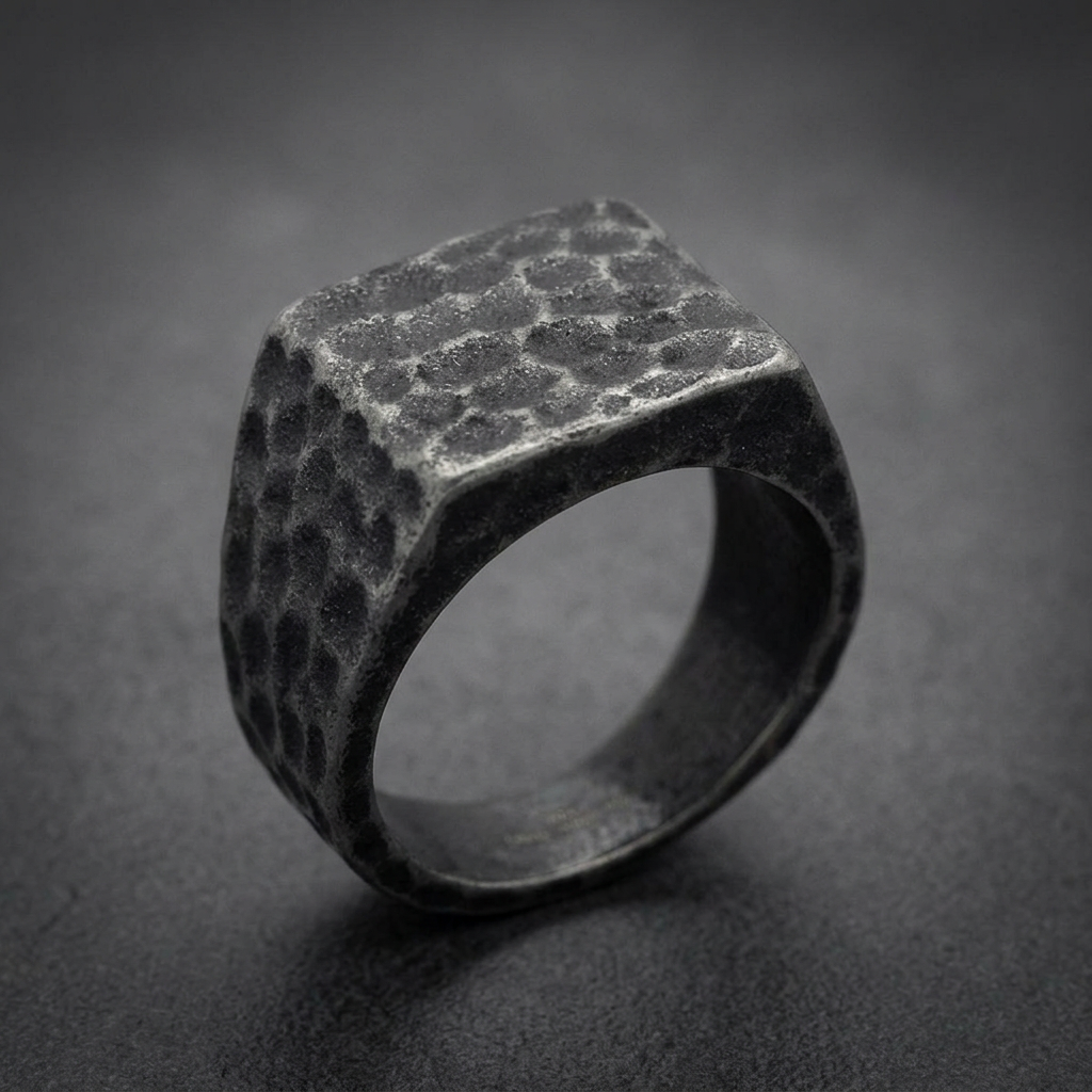 Hammered finish 316L stainless steel HardKnocker ring with a square face in a dark, antique silver tone.