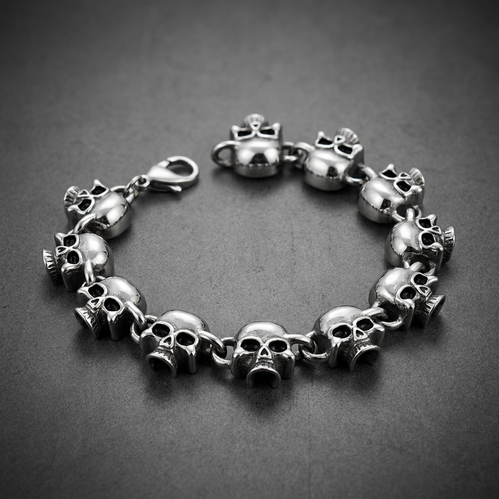 Multiple polished stainless steel skulls linked together forming a bracelet, featuring darkened eye sockets and a lobster clasp.