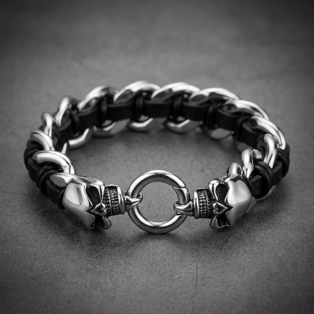 Close-up of a heavy 316L stainless steel skull bracelet with a curb chain and black cord, featuring two prominent skull clasps.