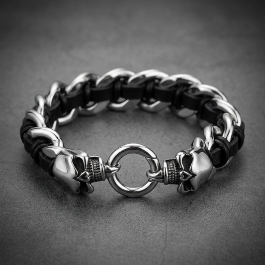 Close-up of a heavy 316L stainless steel skull bracelet with a curb chain and black cord, featuring two prominent skull clasps.