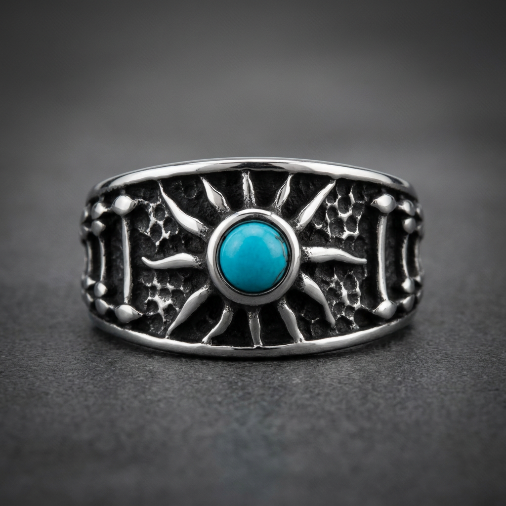 Heavy 316L stainless steel ring with a central round turquoise stone and radiating sun-like patterns, dark oxidized finish.