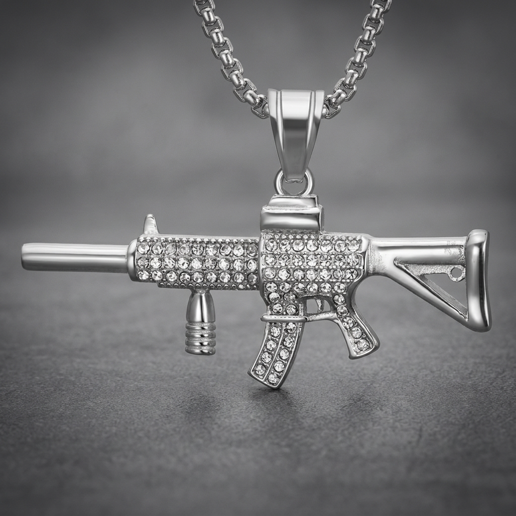 Silver 316L stainless steel carbine rifle pendant, fully studded with clear crystals, shown on a chain.