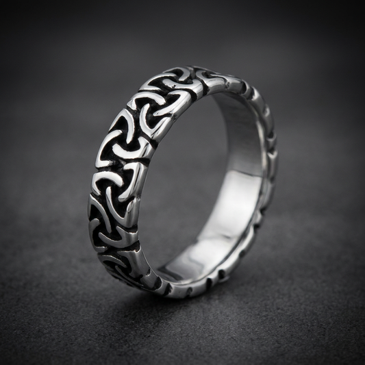 Mariner Knot Ring made from 316L surgical stainless steel with a dark, etched, interlocking knot design and polished silver finish.