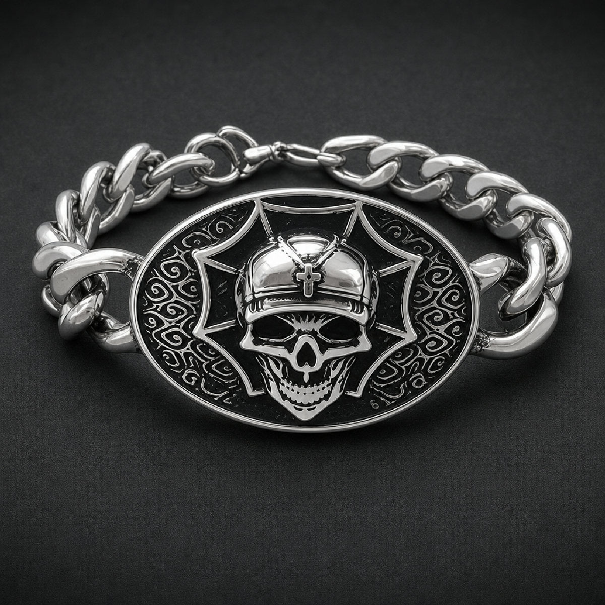 316L stainless steel unisex curb bracelet featuring an oval medallion with a helmeted skull, cross insignia, and black oxidized scrollwork