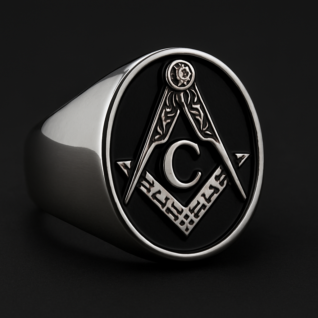Dark Masonic Brotherhood Ring in 316L stainless steel, showcasing intricate designs and a bold finish