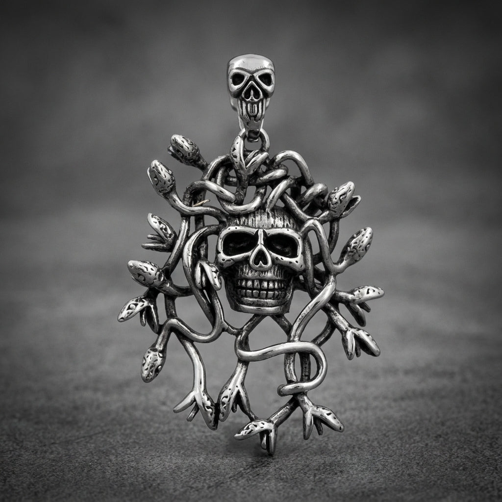 Medusa Skull Pendant 316L stainless steel, weathered silver finish with a large central skull and multiple snakes coiling around it, suspended by a smaller skull bail.