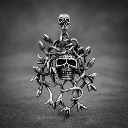 Medusa Skull Pendant 316L stainless steel, weathered silver finish with a large central skull and multiple snakes coiling around it, suspended by a smaller skull bail.