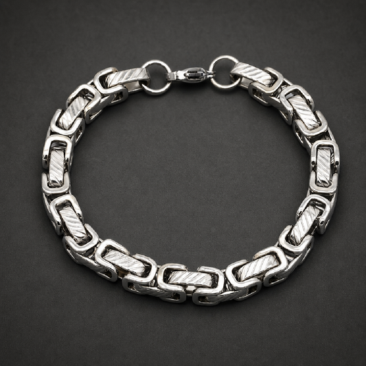 Heavy-duty 316L stainless steel Byzantine chain bracelet in bright silver finish