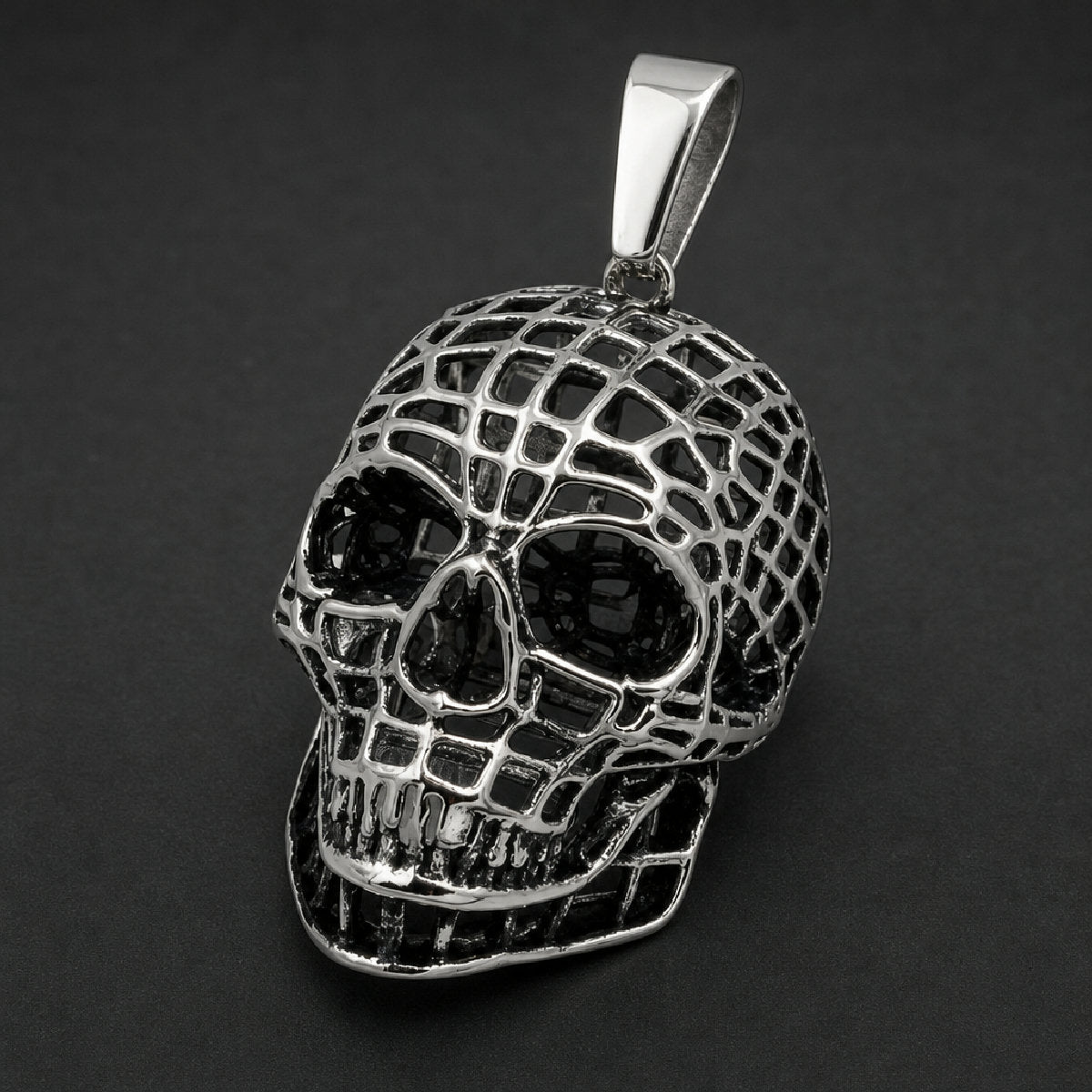 316L surgical stainless steel lattice cage skull pendant with hollow openwork mesh design and high-polish silver finish