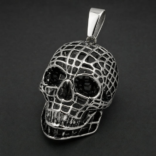 316L surgical stainless steel lattice cage skull pendant with hollow openwork mesh design and high-polish silver finish