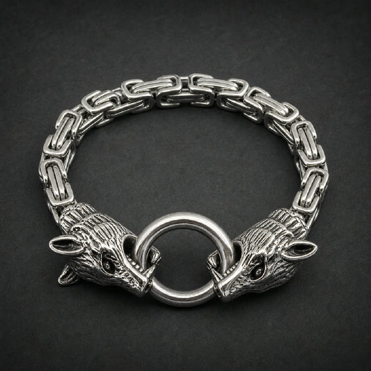 Heavy 316L surgical stainless steel wolf head bracelet with Byzantine chain and polished silver finish.
