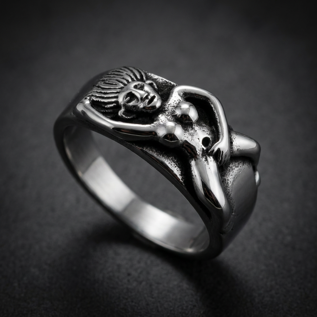 A close-up view of the Naughty Ring, showcasing its polished 316L surgical stainless steel finish and subtle yet daring design details.