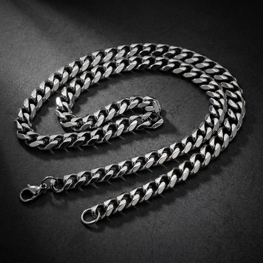 Elite Curb Chain Necklace, 69 grams, made from polished 316L surgical-grade stainless steel, flat classic curb link design, shown against a dark background.