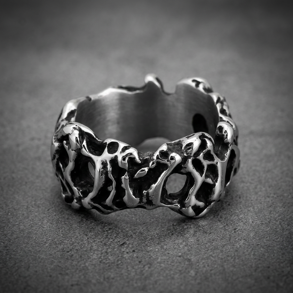 Heavy 316L stainless steel ring with an organic, molten, textured surface and dark recesses, in a polished silver finish.