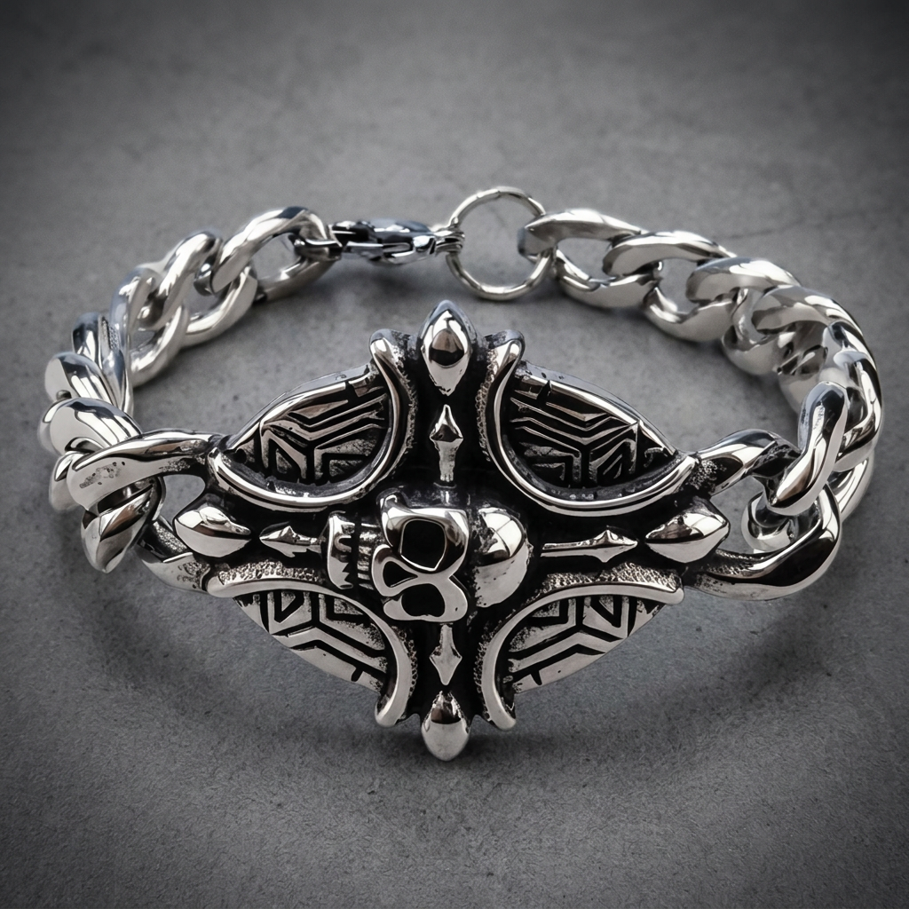 Heavy 316L stainless steel bracelet with a single skull centerpiece, flanked by tribal etchings on a wide shield, connected to a thick curb chain in polished silver finish.