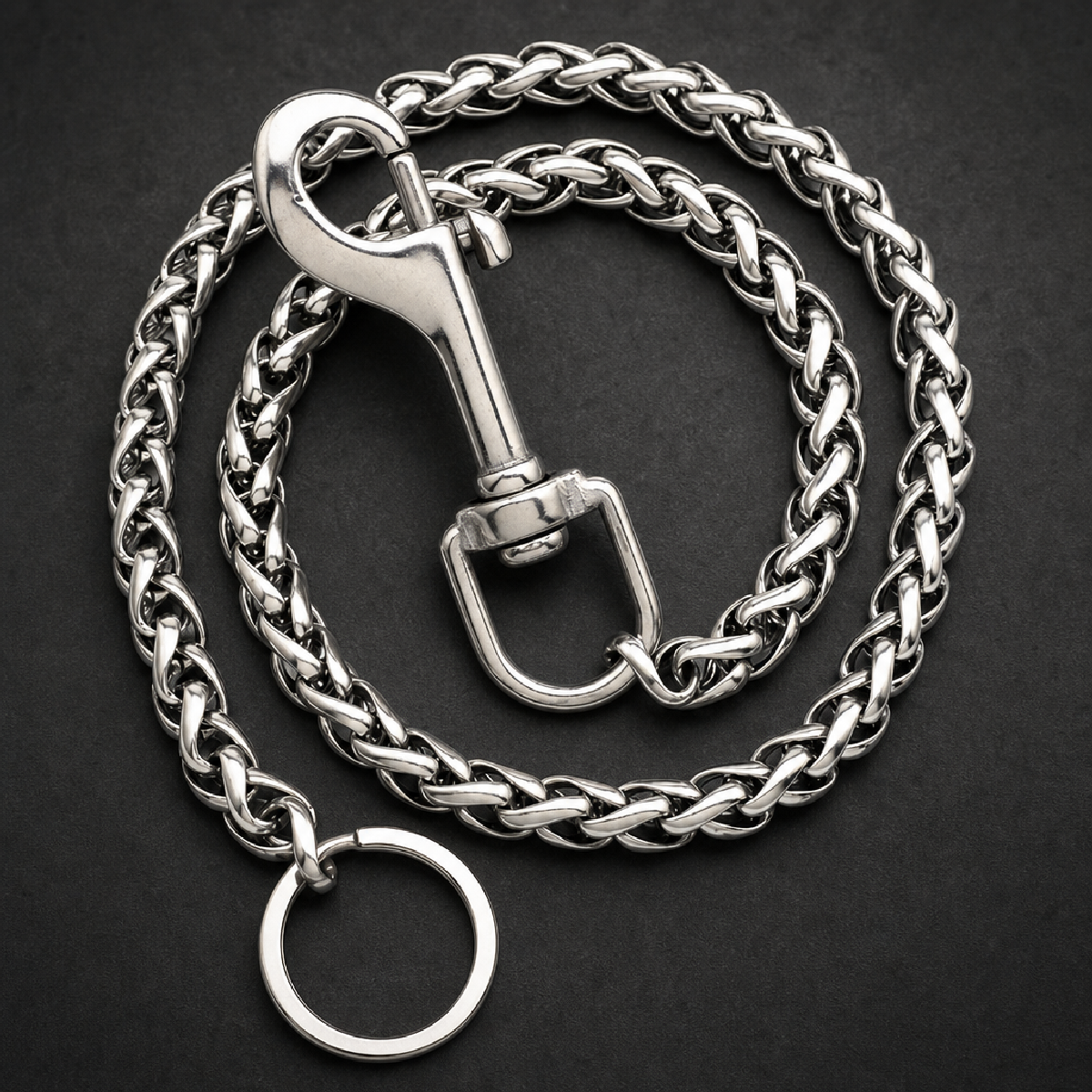 Heavy 316L stainless steel wheat chain with large swivel snap clip and keyring, silver finish.