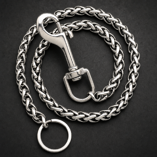 Heavy 316L stainless steel wheat chain with large swivel snap clip and keyring, silver finish.