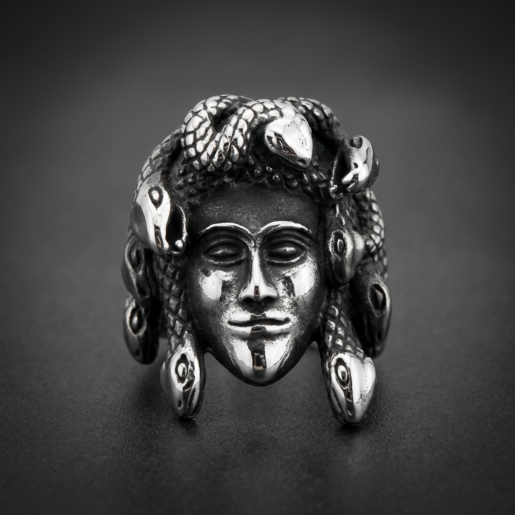 Heavy 316L stainless steel Medusa head ring with detailed snakes and oxidized finish.