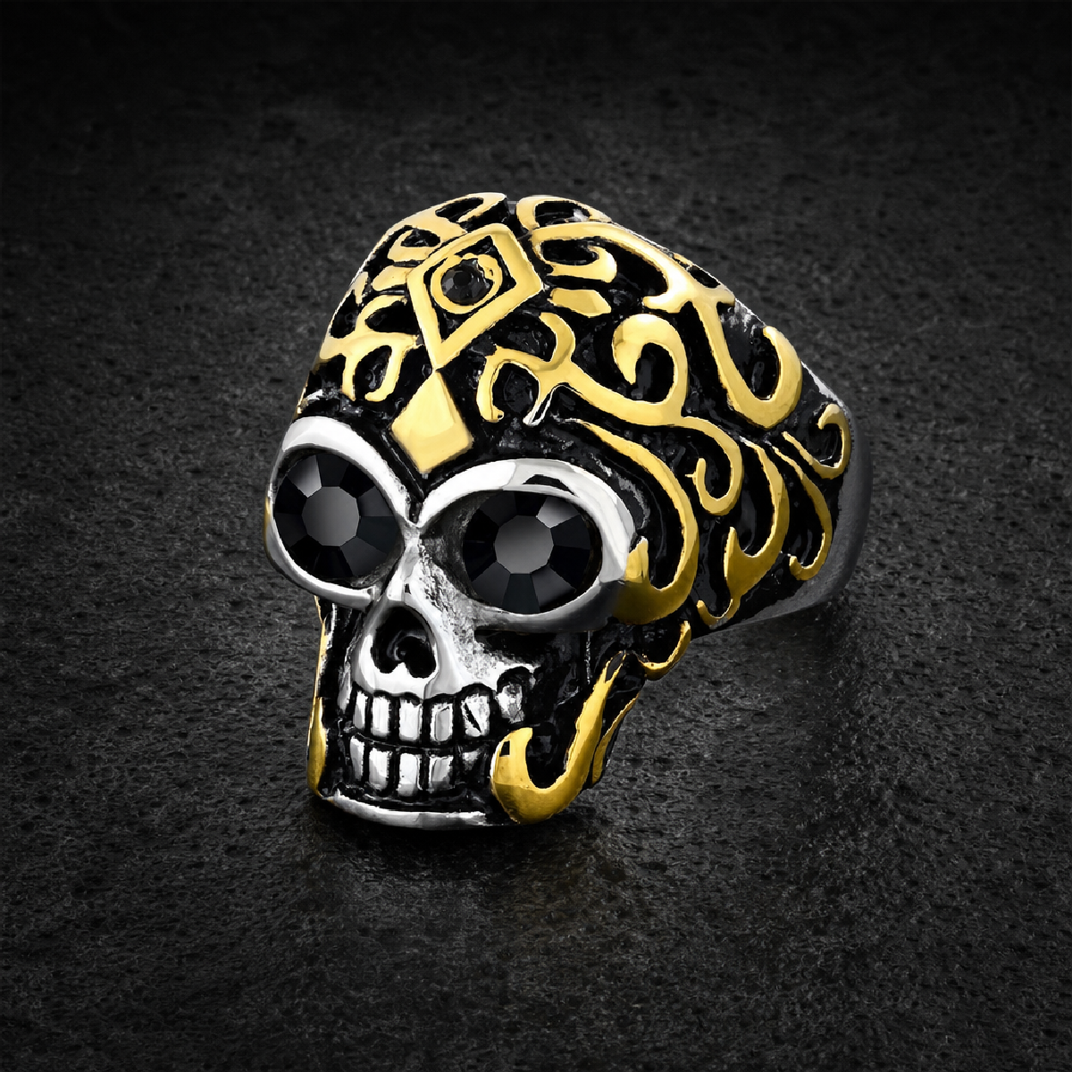 Montezuma’s Revenge – Golden Warrior Skull Ring with Stone Eyes - 316L stainless steel unisex jewelry (R0513)