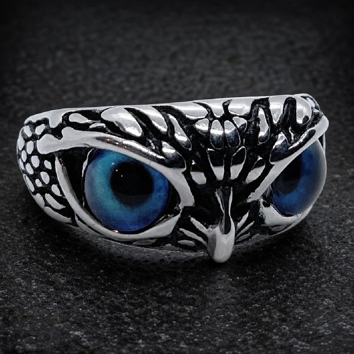 Mystical Blue Owl's Gaze Ring - 316L stainless steel unisex jewelry (R0682)