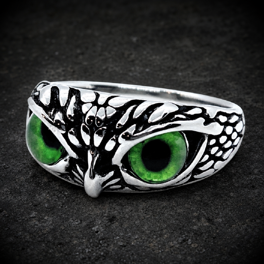 Mystical Green Owl's Gaze Ring - 316L stainless steel unisex jewelry (R0683)