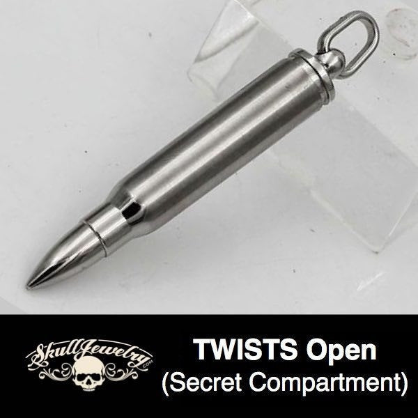 Stainless Steel Bullet Pendant Necklace with Pill Case Holder, Cremation Urn  NOTE: The top of the bullet pendant twists off.