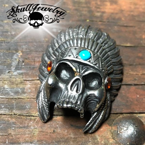 native american skull pendant with gem stones
