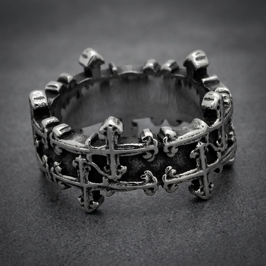 Nobel Cross Ring, 316L stainless steel, dark oxidized finish, prominent spiked cross motifs, HardKnocker style band