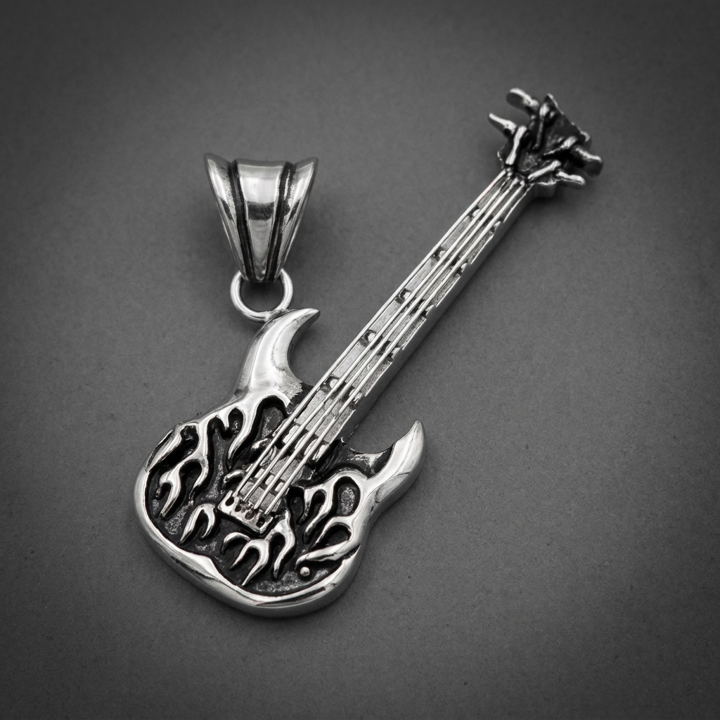 316L stainless steel flame guitar pendant, silver color with dark etched flame details and precise string and tuning peg carvings, for music lovers.