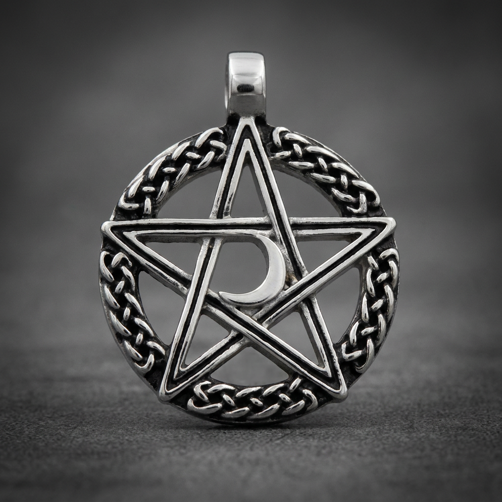 A heavy 316L stainless steel pentacle pendant with a braided outer ring and a crescent moon in the center, showcasing a brushed silver finish.