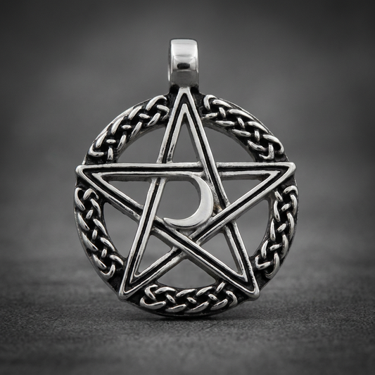 A heavy 316L stainless steel pentacle pendant with a braided outer ring and a crescent moon in the center, showcasing a brushed silver finish.