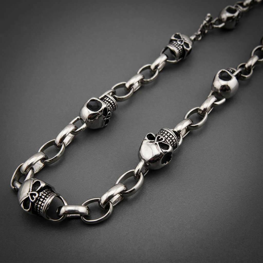 Highly polished 316L surgical stainless steel necklace featuring numerous individual skull links with detailed features.