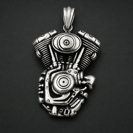 316L stainless steel V-twin motorcycle engine pendant featuring detailed cooling fins and antiqued black recesses